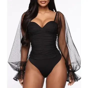 

Kureas Chiffon Mesh Puff Sleeve Women Bodysuit V-neck Bodycon Bodysuits Black Solid Sexy Elegant Body Rompers Ladies
