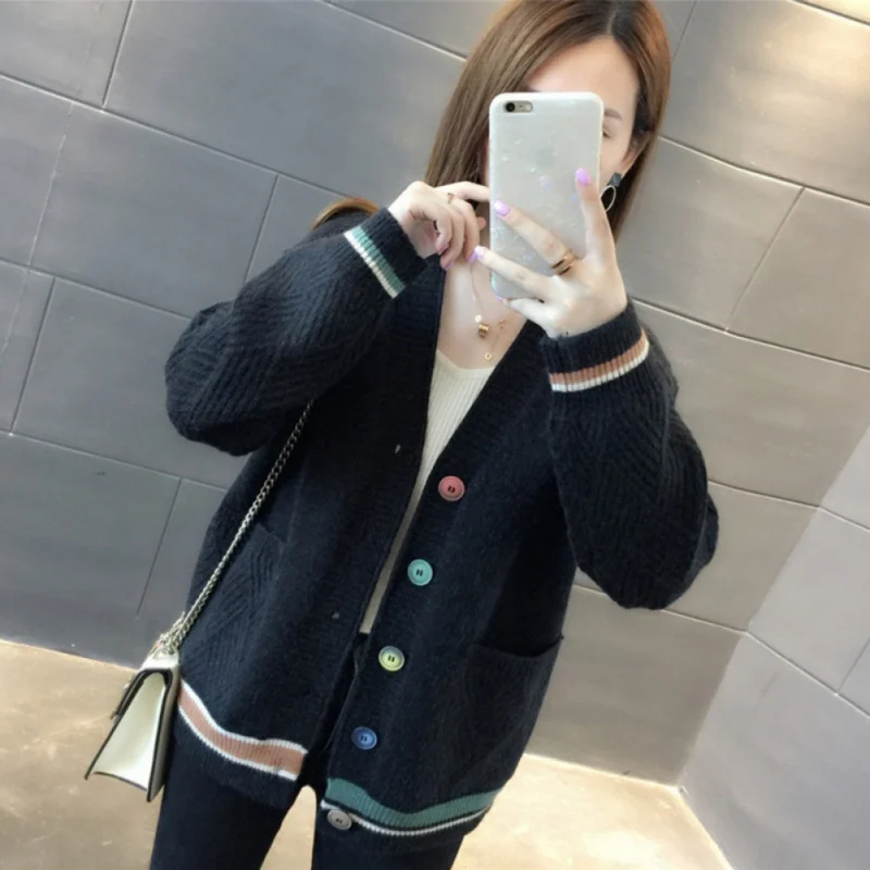 Korean Style Spring Autumn Sweet Loose Lazy Wind Button Knit Cardigan Pocket Jumper Sweater Long Lantern Sleeve Coat Women