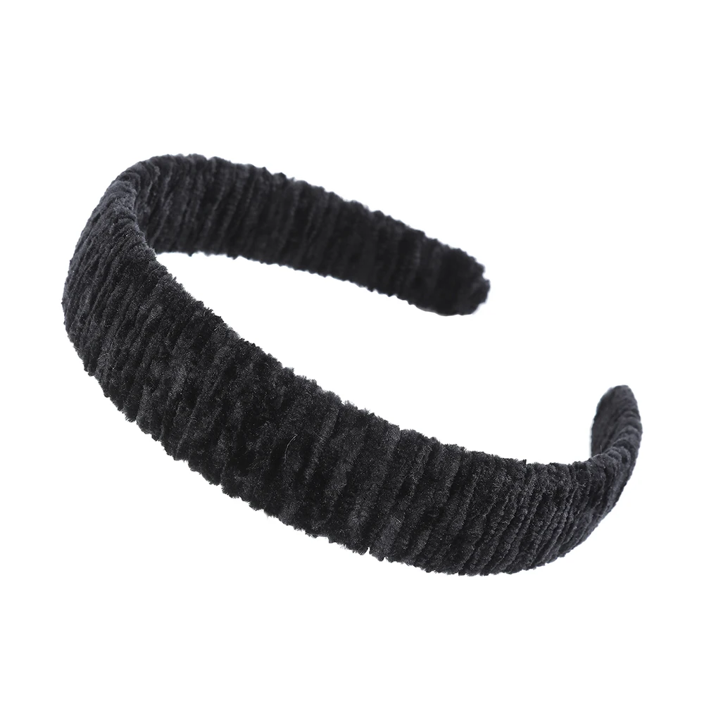 Ободки из синели с жемчугом и рюшами, мягкие бархатные стильные повязки для волос ручной работы 3 см, зимние повязки на голову - Цвет: black-1