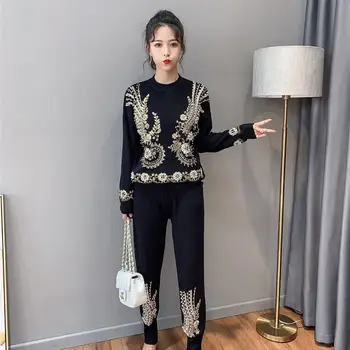

Fashion Woman Tracksuit Autumn Winter Two Piece Set Vintage Beaded Embroidery Sweater Tops And Trousers Lady Knitted Sportsuits