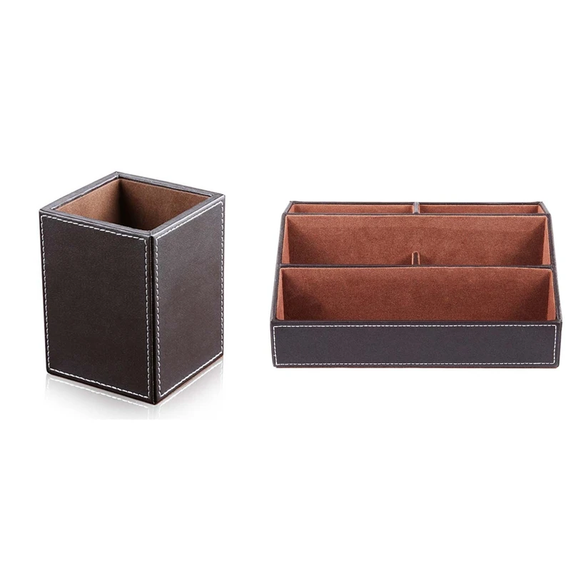 

2 Pcs Brown Storage Box Home Office Wooden Struction PU Leather Multi-Function Desk Stationery Organizer, 8.7X8.7X12Cm & 24X13.5