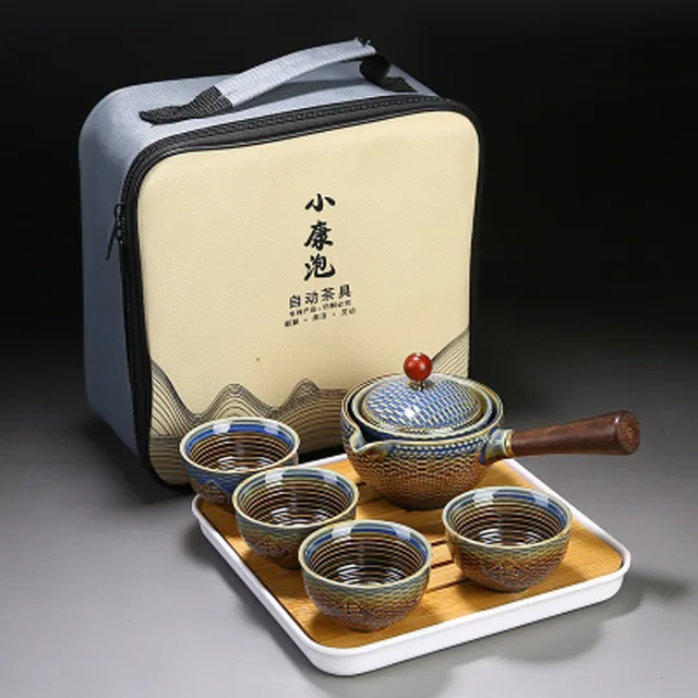 Portable Flower Exquisite Chinese Gongfu Kung Fu Tea Set Ceramic Teapot W Wooden Handle Side handle