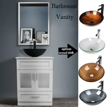 

24" PVC Bathroom Vanity Floor Cabinet Glass Ceramic Vessel Sink w/Faucet Drain Combo