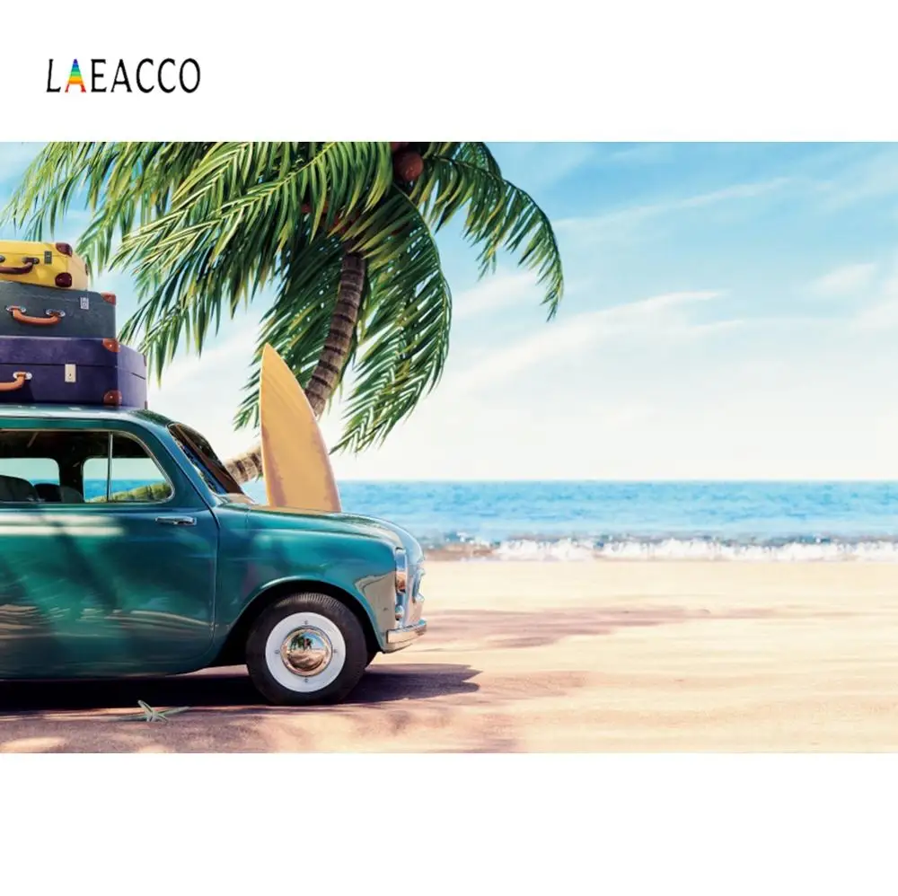 

Laeacco Summer Palms Trees Beach Car Vacation Seaside Photography Background Vinyl Custom Photographic Backdrop For Photo Studio