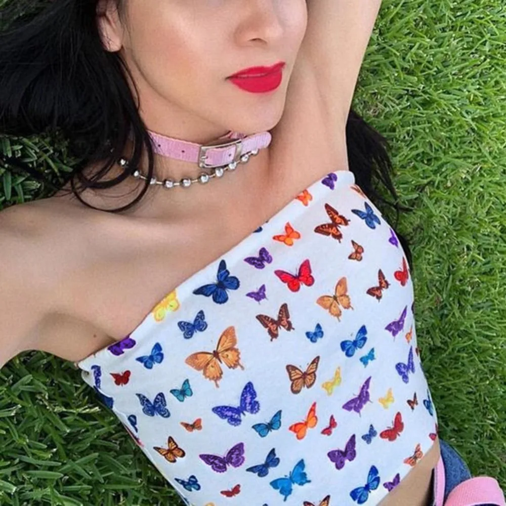 

Sexy Multicolor Butterfly Print Strapless Slash Neck Tube Tops Fashion 2019 Summer Women Slim Crop Tops Female Streetwear