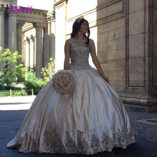 Luxury Gold Lace Sweet 16 Quinceanera Dresses 2020 Ball Gown Crystals Plus Size Satin Masquerade Vestidos 15 Anos Prom Gowns