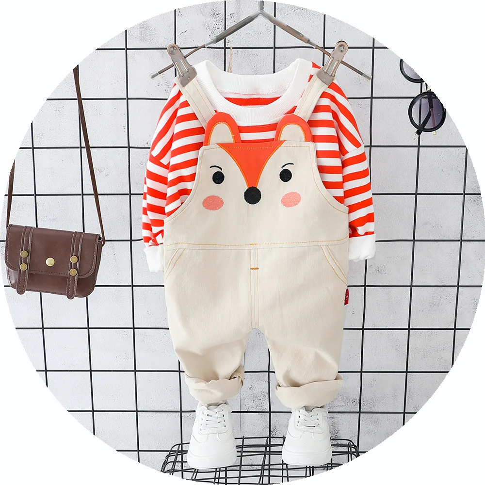 

2019 Autumn CHILDREN'S Suspender Trousers Set Stripes Little Fox Pattern Two-Piece Set Small CHILDREN'S Baby Suspender Pants