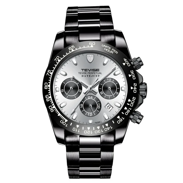 Автоматические механические часы мужские из нержавеющей стали деловые наручные часы для мужчин хронограф мужские s часы Relogio Masculino Tevise - Цвет: black silver
