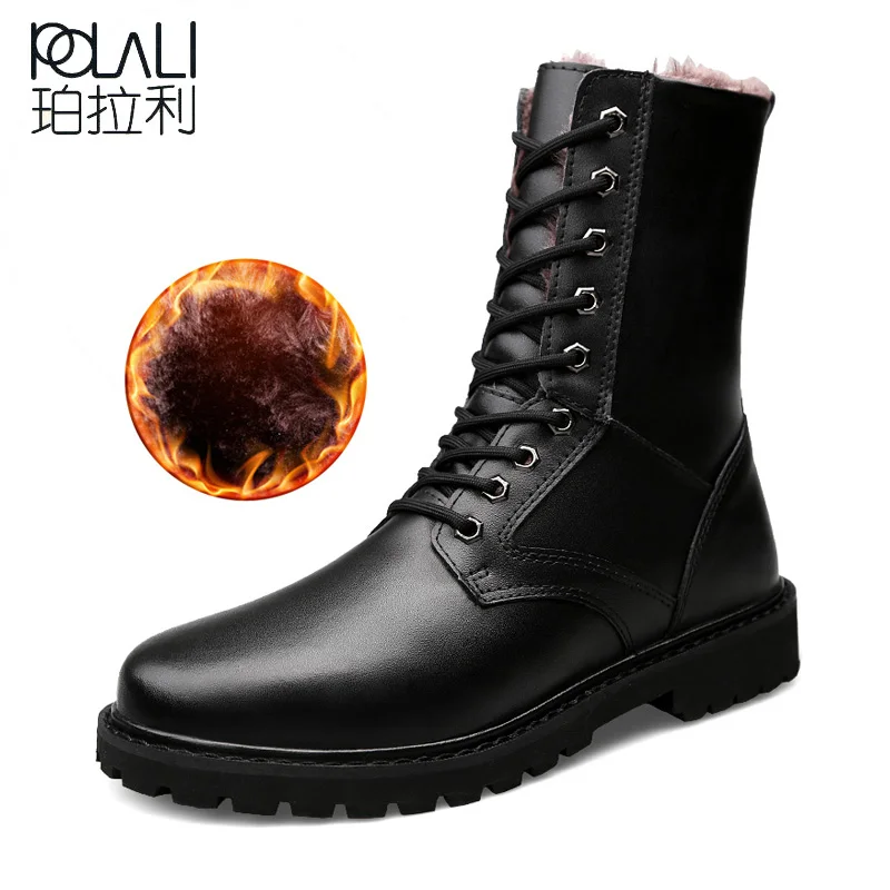 POLALI Men Motorcycle Boots Vintage Combat Boot Winter Fur 2018 New Cow Split Leather Waterproof Buckle Military Boots Men Shoes