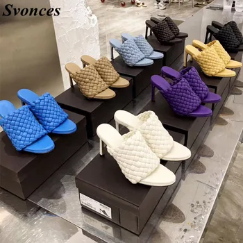 

Twist Padded Woven Leather Sandals Women 2020 Fashion Runway Shoes High Heel Slippers Summer Designer Party Sandals Multi Colors