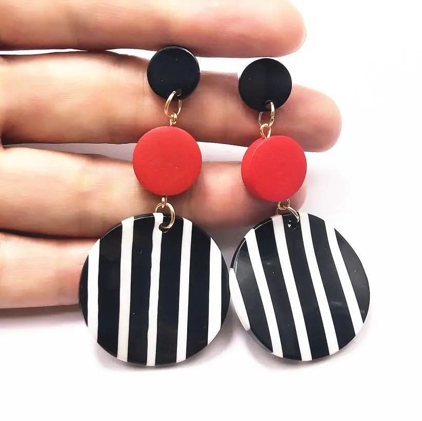 

New design Black White Big Round Earrings for Women Long Statement Drop/Earrings Stripe Korean Earrings