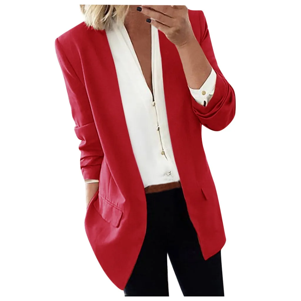 Повседневное однотонное пальто с длинным рукавом и отложным воротником, Дамская деловая куртка, Приталенный топ, женские блейзеры, женские блейзеры - Цвет: Wine Red