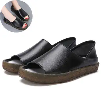 

Women Wedges Flat Heel Sandals Comfortable Female Cow Split Leather Fish Mouth Sandals 2020 Summer Ladies Shoes Big Size 43 44