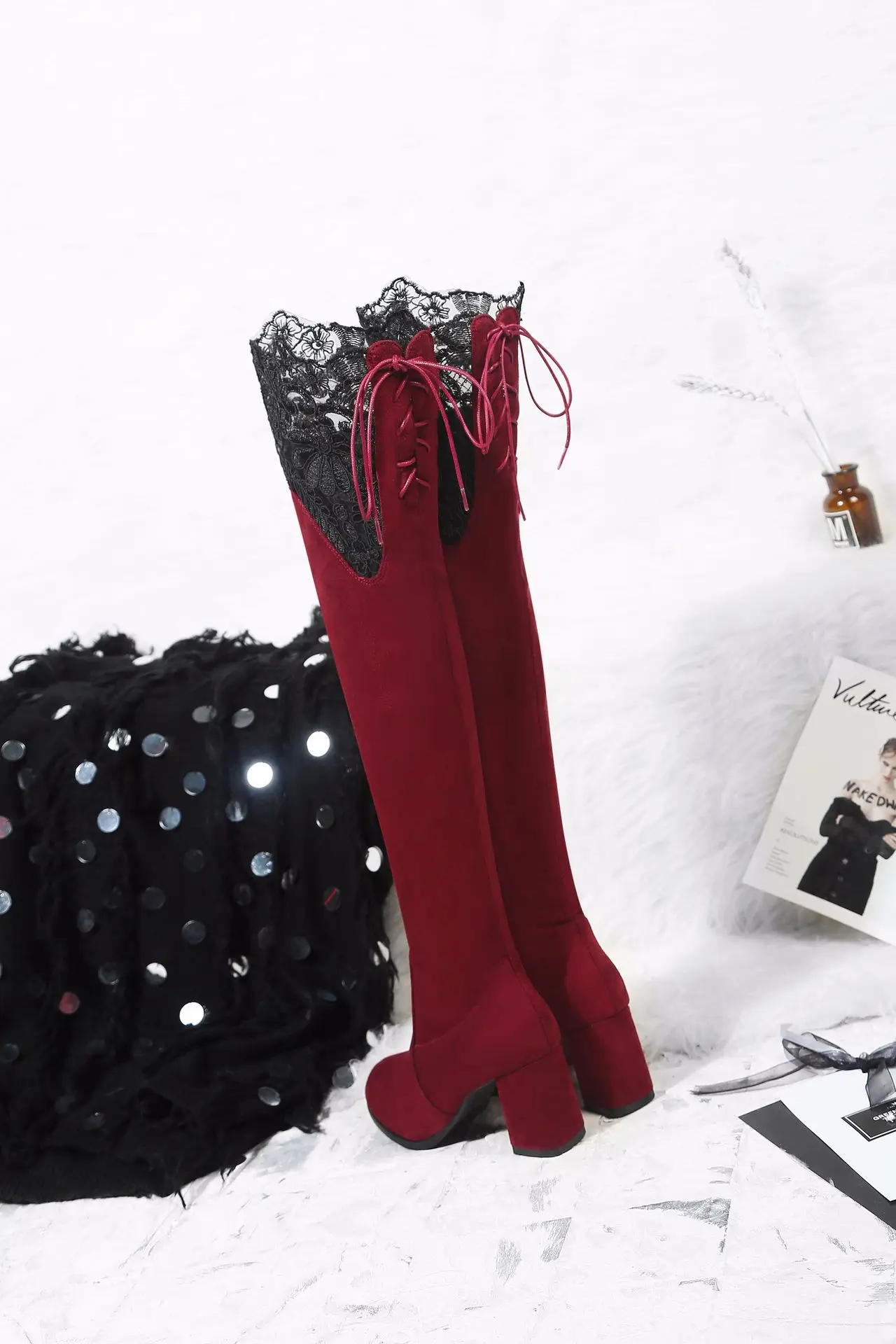 Новое поступление nueva moda salvaje de encaje Sobre las botas de la rodilla con botas de gamuza botas de mujer de gran tamamino
