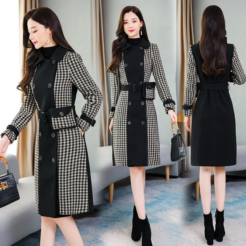 

Autumn And Winter 2019 New Style Thousands of Birds Overcoat Women's Mid-length Elegant Slim Fit over-the-Knee Plaid Graceful Wo