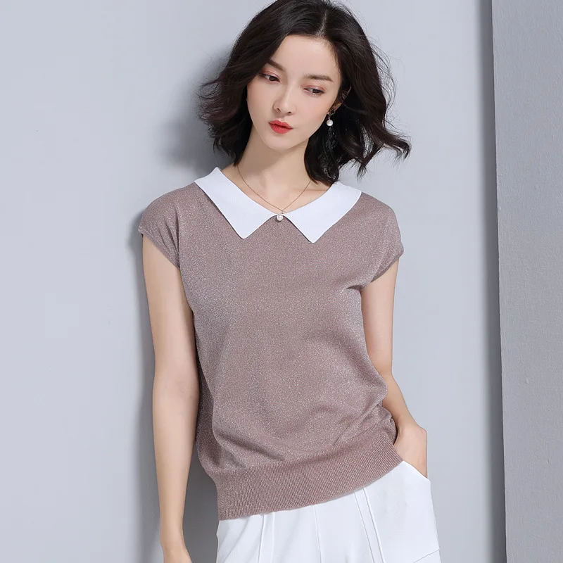 

Liangsi Peter Pan Collar Viscose Fibre Sweater Women's Mercerised Cotton Short Sleeved T-shirt 2018 New Style Summer Thin Elegan