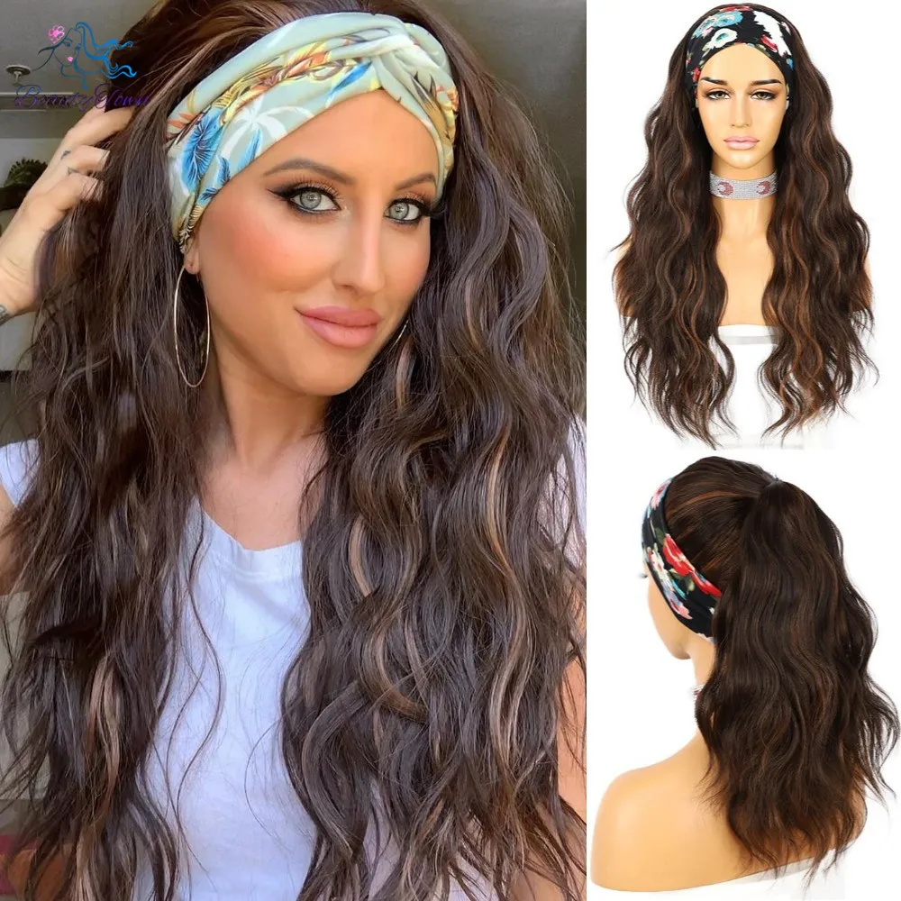 Long Water Wave JBrown Headband Scarf Wig for Women Daily Wedding Party Travel Holidays Glueless Headband Wig 2 Free Bands Gift