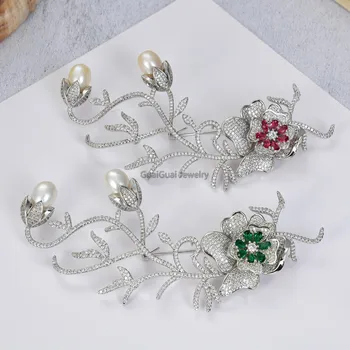 

GuaiGuai Jewelry Cultured White Pearl Red Green Cubic Zirconia micro pave Pin jewelry Brooch