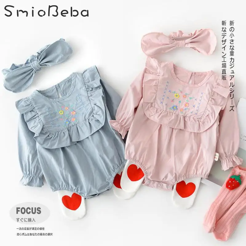 Pink Embroidered Rompers Clothes Baby Girls Full Printed Flowers With Embroidered Lace Collar Hairband New Born Jumpsuits