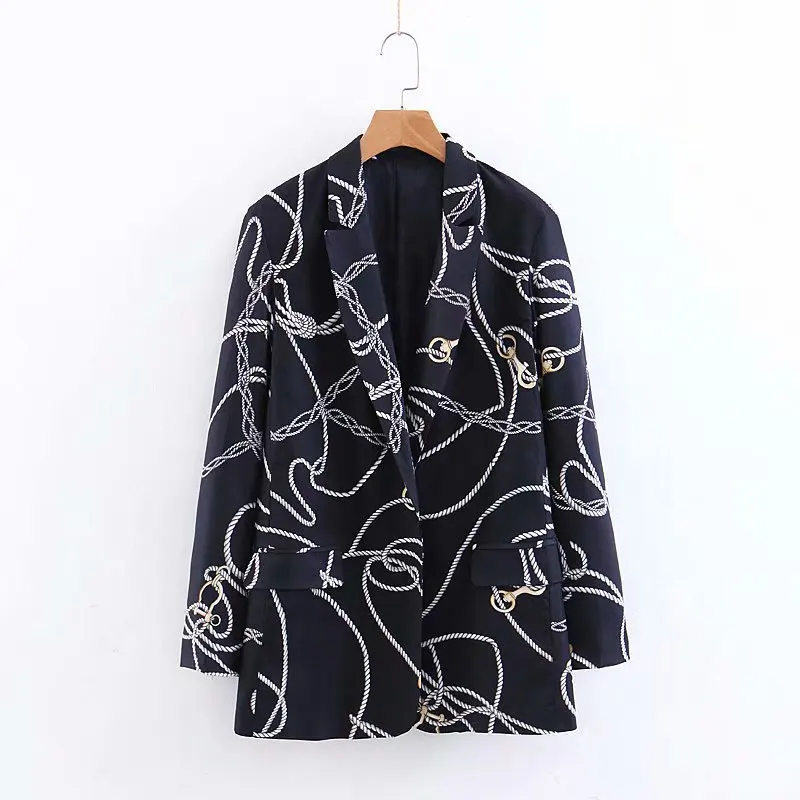 

France Non-mainstream Chain Printed Long Sleeve Mid-length Suit Women's 2019 Spring And Autumn Retro Slim Fit-Style Coat Women's