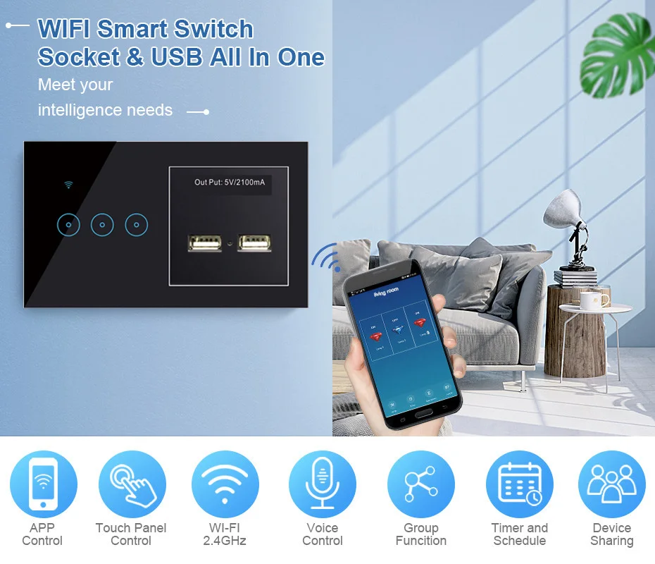 - Tuya Smart Life APP Control LED Wall Light Switch 2200W 90240V Touch Smart Home Switch 2 USB Port Alexa Google Assistant