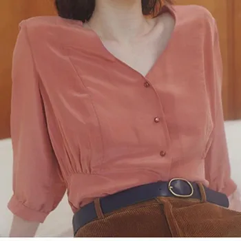 

100% Silk Pink Women Blouse Sweet Lady V Neck Long Sleeve Casual Loose Shirt Top