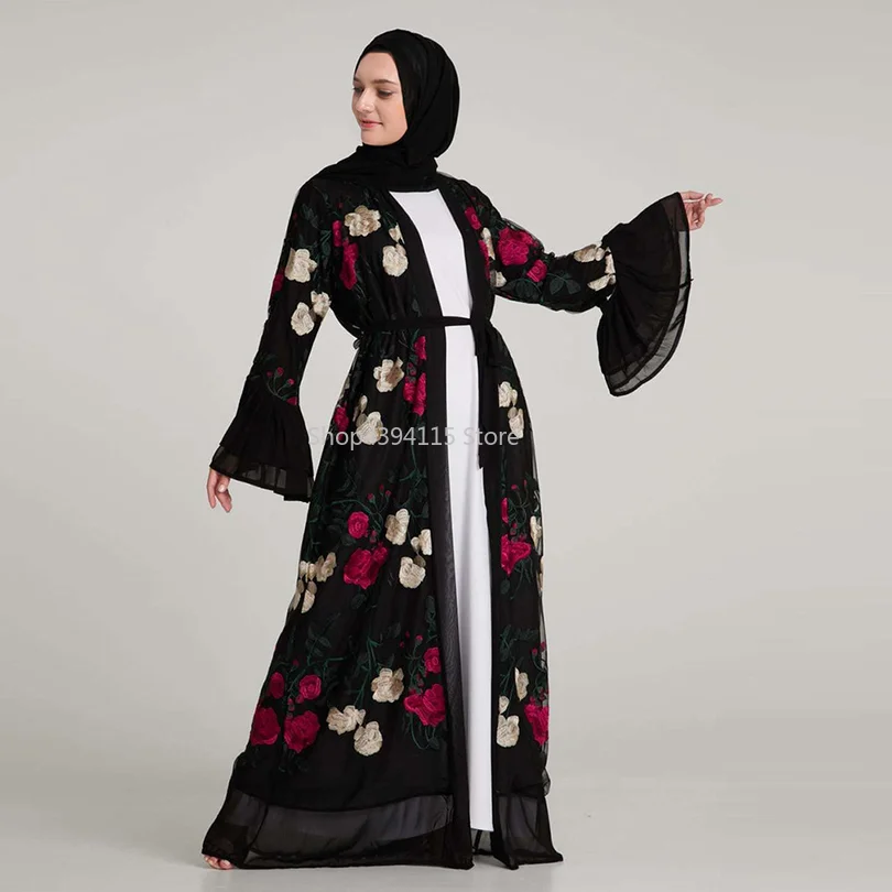 Роскошные мусульманские вышитые цветочные abaya Полные платья с рукавом клеш