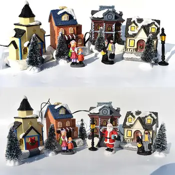 

10PCS/set Christmas Glowing House Christmas Trees Resin Village Santa Claus Table Ornamnet 2021 New Year Home Decoration