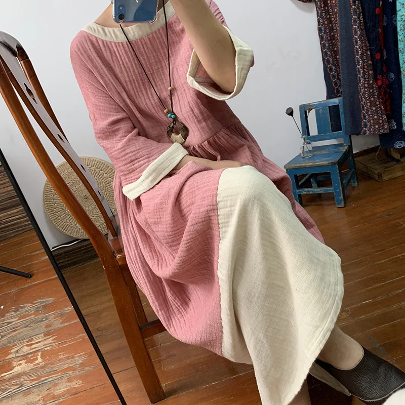 

Original artistic style stitching contrast color double cotton dress loose oversize meat covered large swing dress autumn
