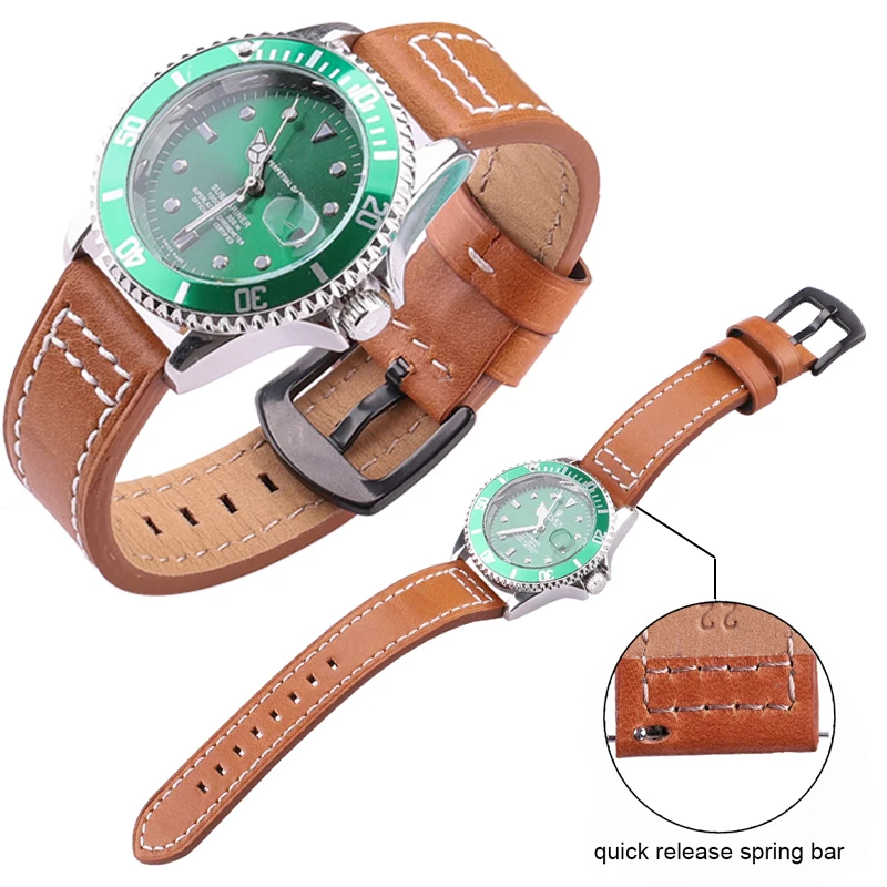 HENGRC Genuine Leather Watchbands Bracelet Black Blue Gray Brown Cowhide Watch Strap For Women Men 18 20mm 22mm 24mm Wrist Band