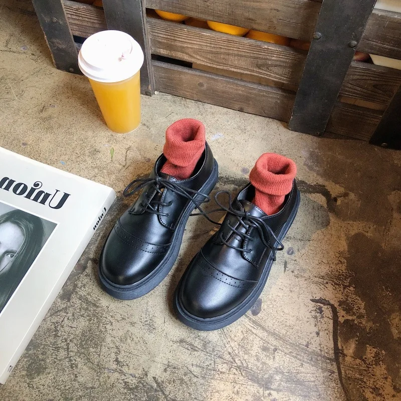 

Black And White with Pattern New Style 2019 Student Lace-up Small Leather Shoes Autumn Korean-style Versatile Retro British Styl