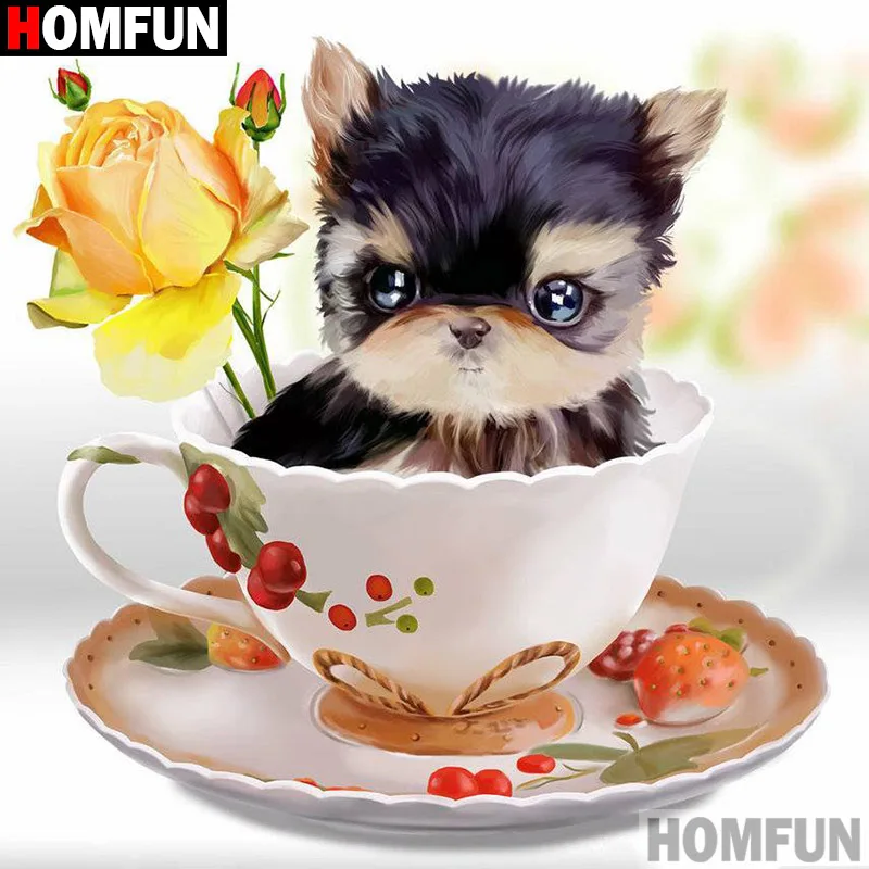 Алмазная живопись HOMFUN &quotсобака чашка цветок&quot 3D Вышивка крестиком домашний
