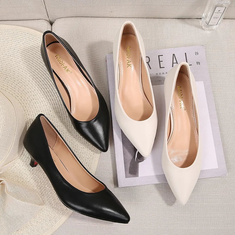 OL Style Leather Pumps Women Solid Shoes Low Thin Heels