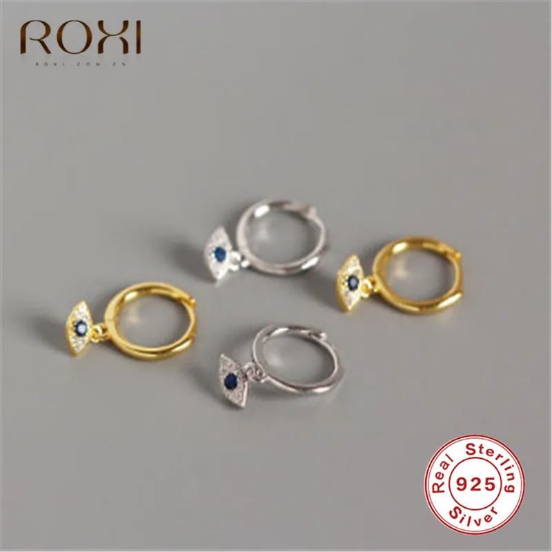 Серьги ROXI в стиле панк «злые глаза», 925 пробы, серебряные мини циркониевые голубые глаза, маленькие серьги-гвоздики для женщин, корейские ювелирные изделия