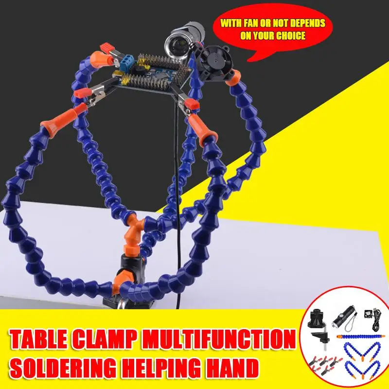 

Third Hand Soldering PCB Holder Tool Five Flexible Arms Helping Hands With USB Charge Mini LED Flashlight