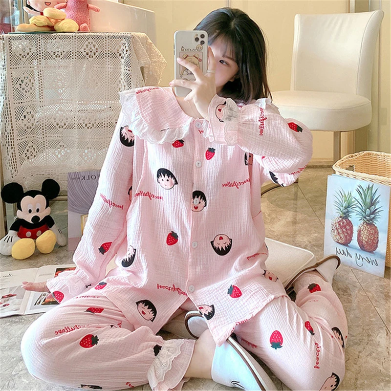 

Autumn new pajamas double crepe gauze pregnant women long-sleeved suit confinement clothing casual soft home service cotton