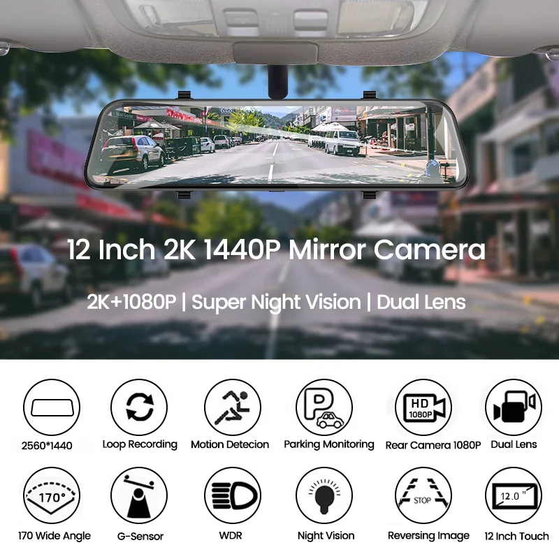 

Full HD A38 Dash Cam Car Dvr 12 Inch 2K+1080P video recorder Stream Media Rearview Mirror Night Vision Auto Registrar Dual Lens