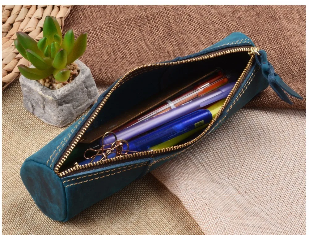 Genuine Leather Zipper Pen School Vintage Product Creative Pencil Stationary Model Trinodal Retro Handmade Bag Style