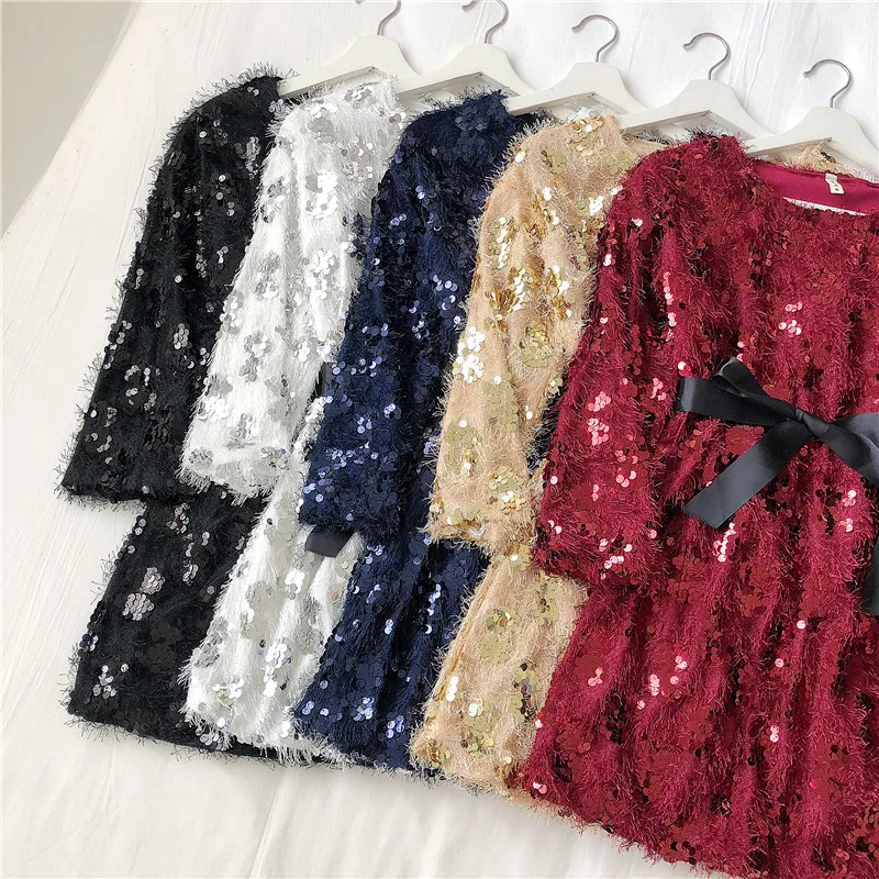 Neploe Blingblilng женские платья с блестками, с кисточками, в стиле пэчворк, с длинным рукавом, в Корейском стиле, Vestidos, Осень-зима, тонкий галстук-бабочка, платье 55937