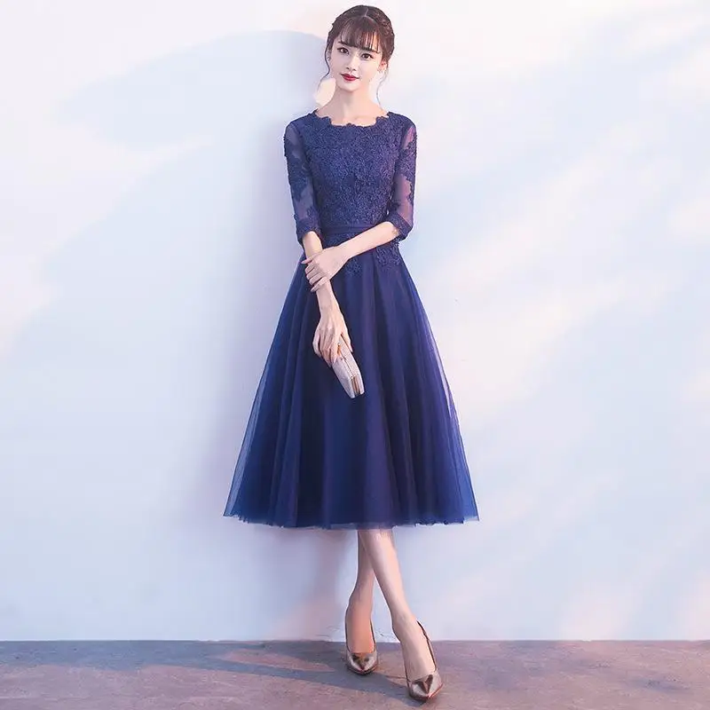 Вечерние платья восточные женские элегантные тонкие Cheongsam модные китайские стильные свадебные длинные Qipao роскошный халат Vestido XS-XXL - Цвет: Navy Blue
