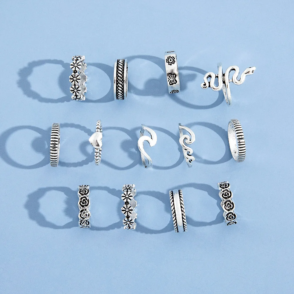 Ring Set HI MAN 13 Pcs/Set European Mixed Snake Flower Butterfly Heart Irregular Arc Ring Women Creative All-Match Jewelry