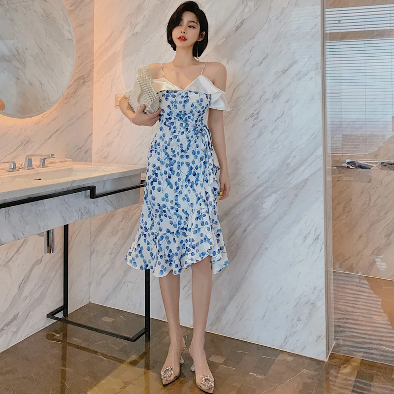 Summer Elegant Spaghetti Strap Ruffle Print Dress For Women Sexy Party