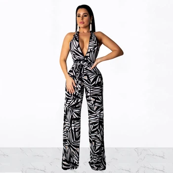 

Summer Beach Printed Jumpsuit Women Zipper O-Neck Sleeveless Fashion Wide Leg With Sashes Bodycon Casual Elegant Bodysuit Romper