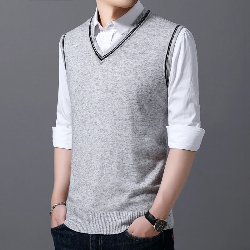 Fashion Brand Sweater For Mens Pullovers Jumpers Knit Vest Sleeveless Autumn V Neck Korean Style Slim Fit Casual Clothing Men