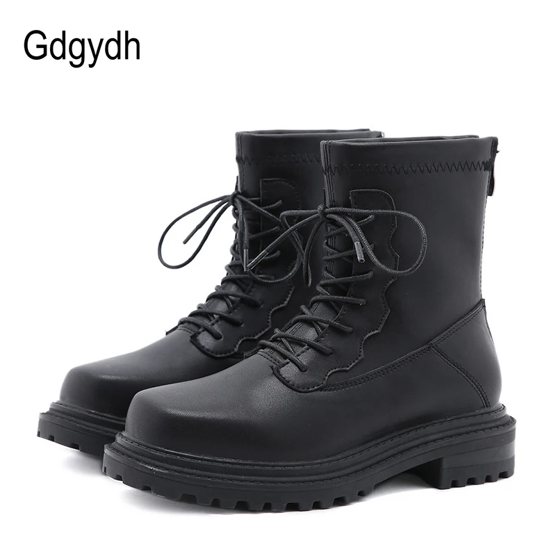 

Gdgydh 2020 Autumn Drop Shipping Women Ankle Boots Lace-Up Sewing Black Square Toe Ladies Motorcycle Boots Fashion Female Shoes