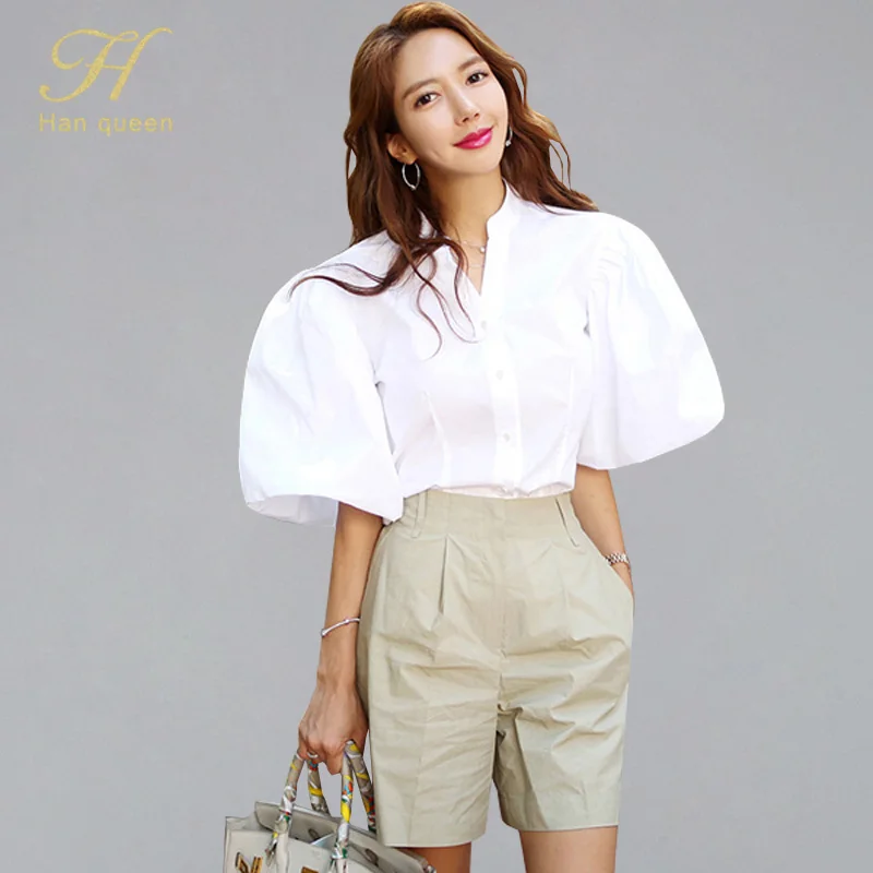 

H Han Queen 2019 Summer Breif Elegant Stand Collar Single-breasted Lantern Sleeve White Shirts & Short Pants Casual 2 Pieces Set