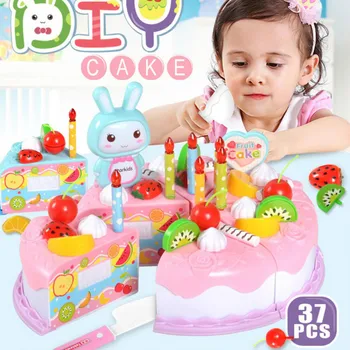 

37pcs Kitchen Toys Cake Food DIY Pretend Play Fruit Cutting Birthday Toys for Children Plastic Educational Baby kids Gift MJ818