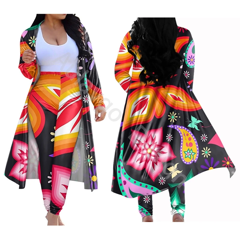 

4XL Plus Size 2 Pieces Set Sexy Autumn Fashion Women Set Female Tops Butterfly Floral Print Long Sleeve Cardigan Bodycon Pants