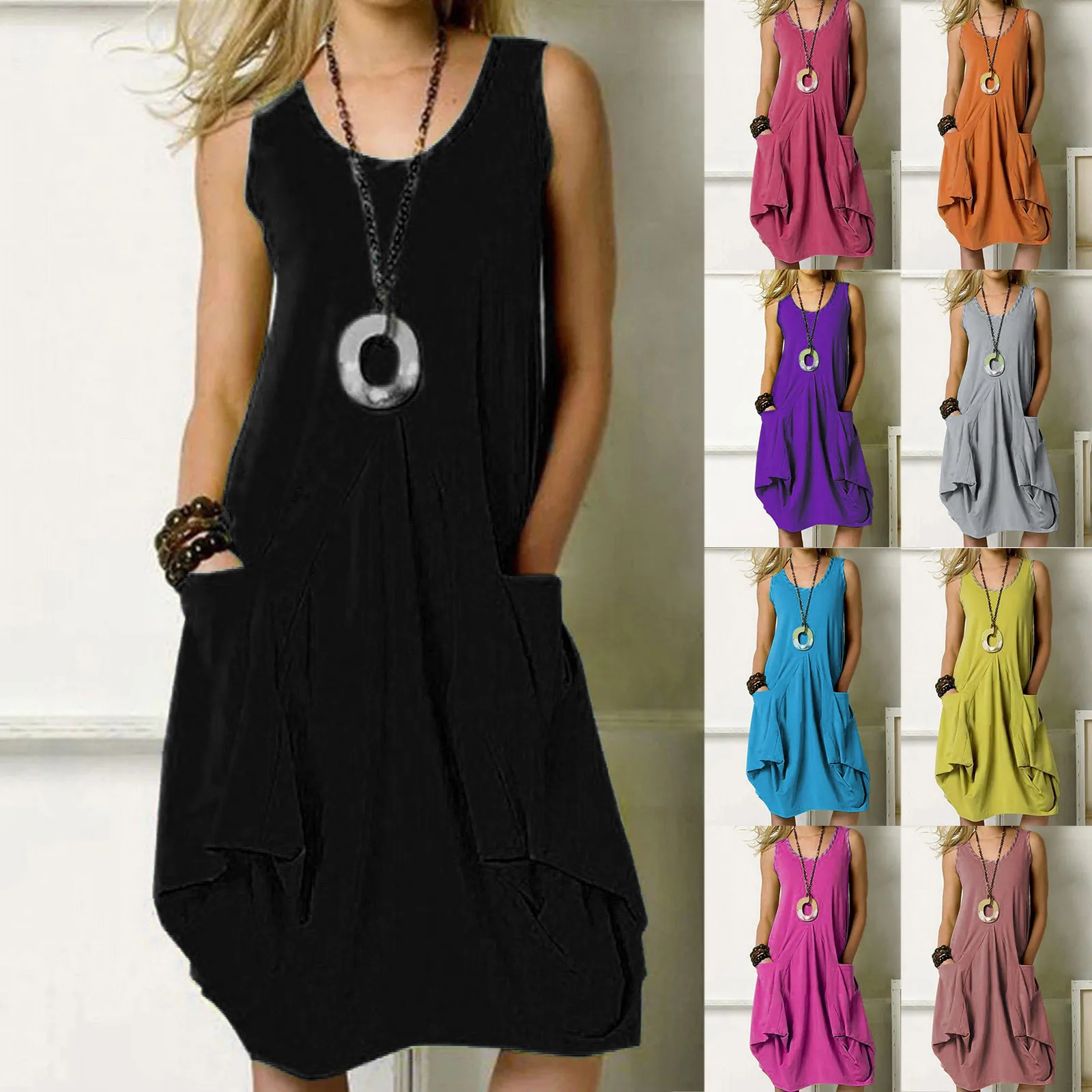 Vestido largo bohemio Vintage para mujer, ropa Sexy sin mangas para verano, Vestido de fiesta informal holgado de talla grande para mujer 2021 # T2Q