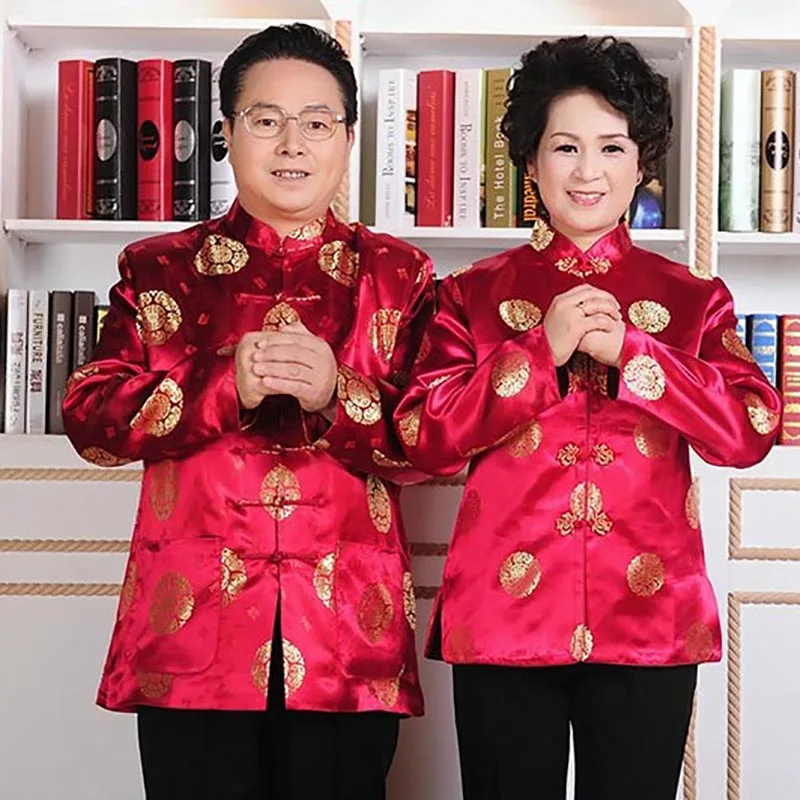 

Purplish Red Chinese Style Tang Clothes Couples New Year Vintage Costume Cheongsam Blouse Women Male Hanfu Jacket
